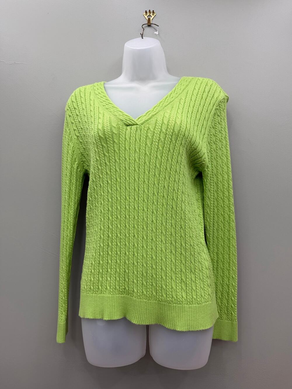 Talbots Petite Lime Green Cable Knit Pima Cotton Sweater Small Preppy